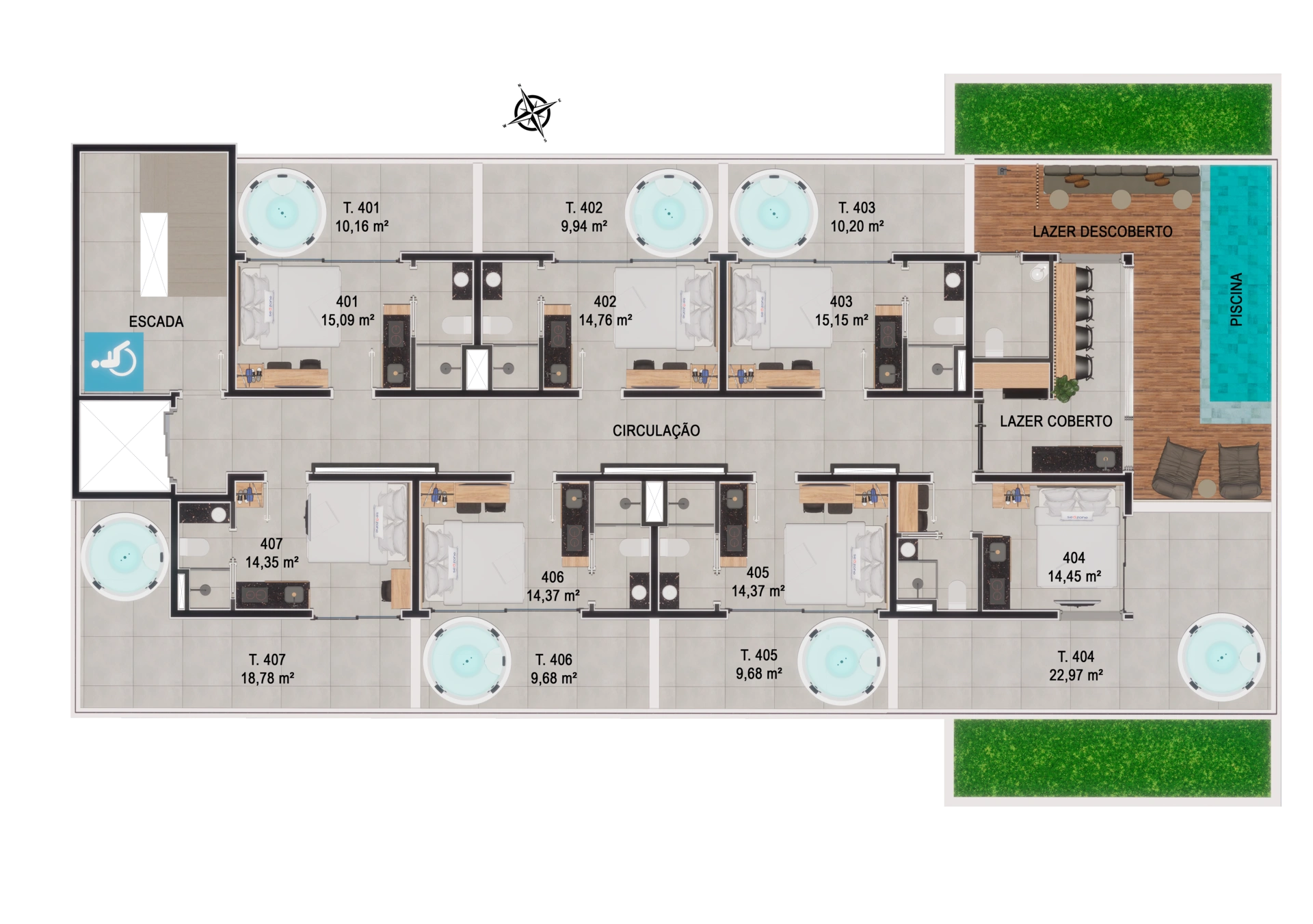 Planta do quarto pavimento e rooftop, com unidades, terraços e área de lazer com piscina
