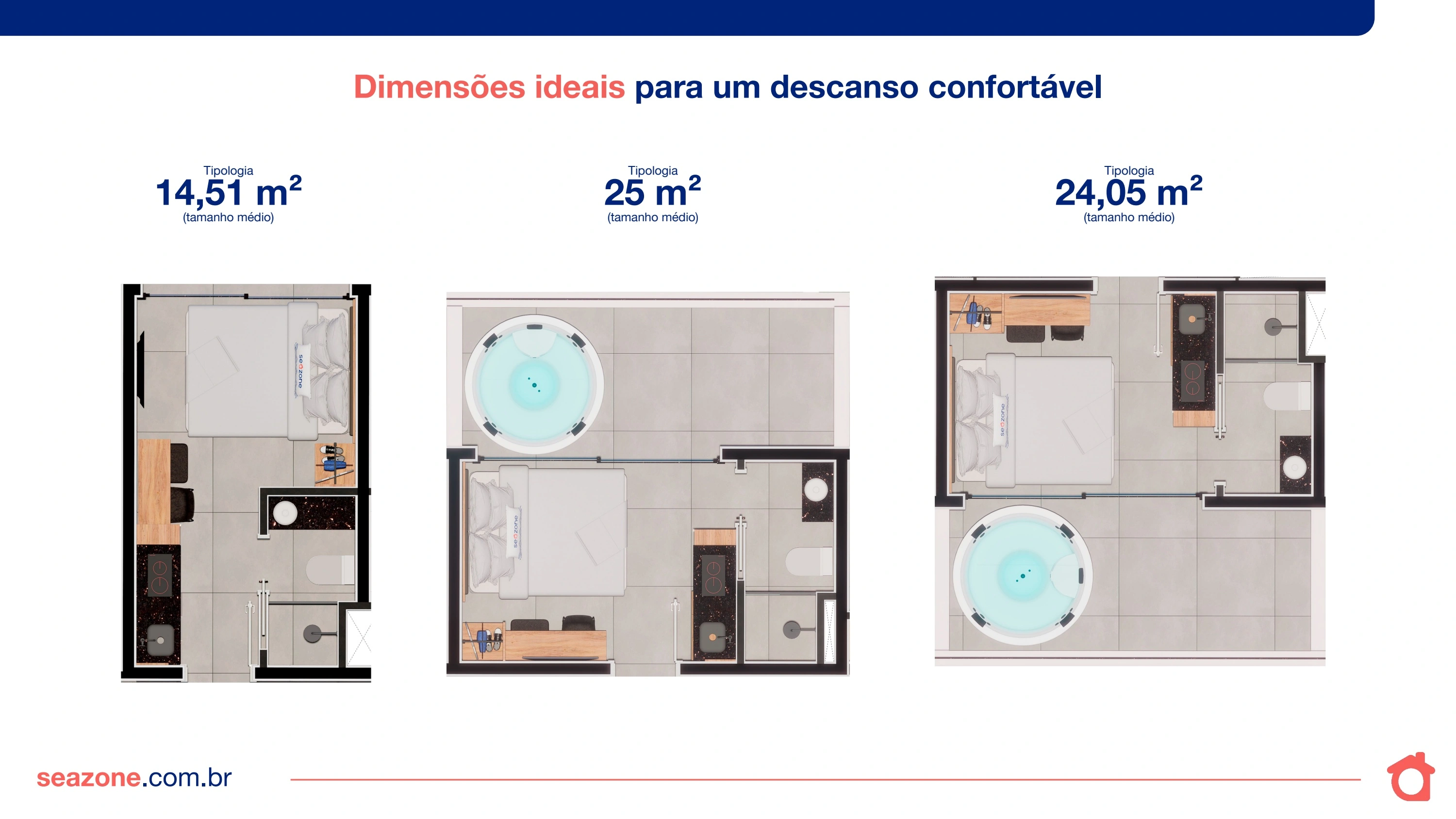 Painel com plantas de tipologias médias de 14,51 m², 25 m² e 24,05 m²