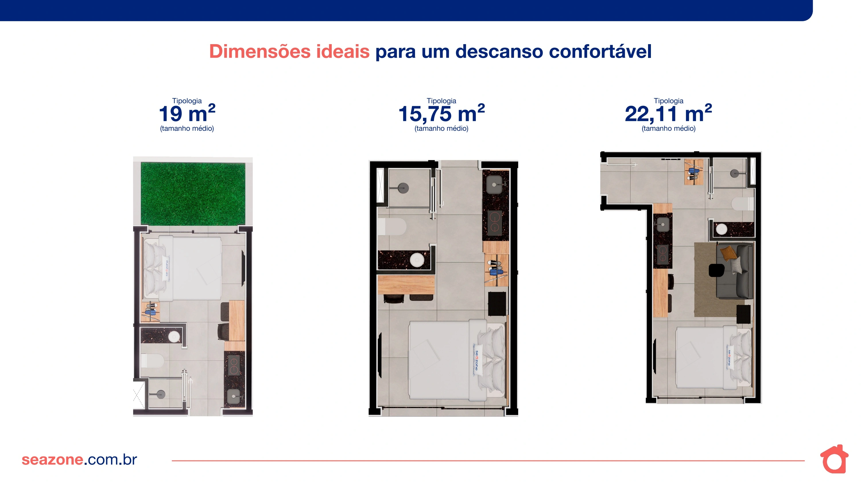 Painel com plantas de tipologias médias de 19 m², 15,75 m² e 22,11 m²